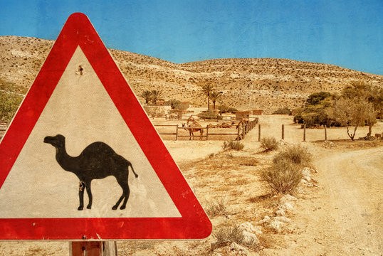 Road sign - camel and corral for camels.