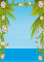 Fototapeta na wymiar A ocean framed by a few stalks of bamboo, plumerias, butterflies and palm trees. A exotic vacations scene with sea views and a clear summer sky.