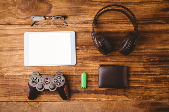 Multimedia equipments on a wood table
