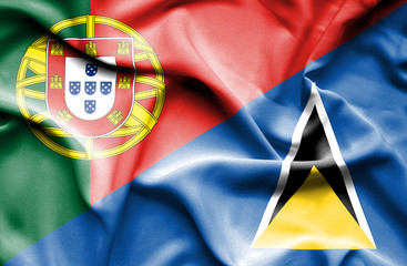Waving flag of St Lucia and Portugal