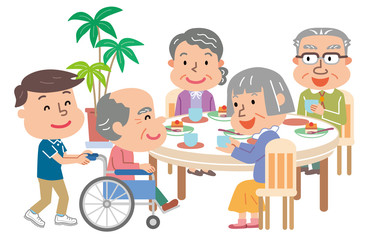 デイサービス　おやつの時間　高齢者　介護スタッフ　イラスト