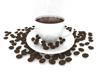 Coffee cup and beans on a white background. 