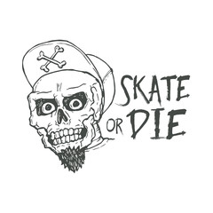 Skate or die lettering tattoo design. Skater scull vintage t