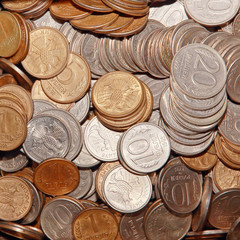 Ruble coins taken closeup as background.