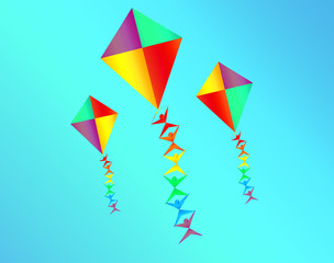 Fototapeta na wymiar Rainbow Colored Kites with Mini Silhouettes on the Strings on Sky Blue Gradient