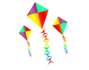 Fototapeta na wymiar Rainbow Colored Kites with Mini Silhouettes on the String