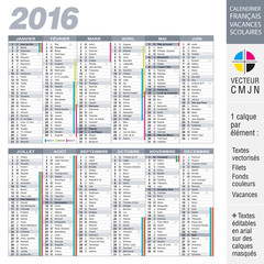 Obraz premium Calendrier français 2016 avec vacances scolaires