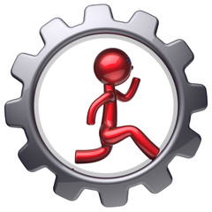 Running man character red cartoon guy inside gearwheel