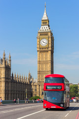 The Big Ben with a double decker bus in front
