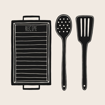 Hand drawn kitchen tools. Vector cutting board, skimmer spoon and spatula