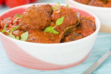 Albondigas Guisadas - Meatballs in tomato sauce with thyme leaves.
