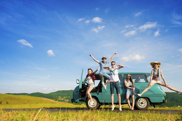 Young hipster friends on road trip