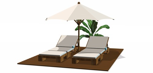 Deck Chair and umbrella isolated on white background