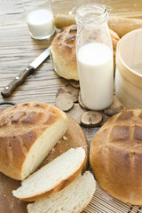 fresh bread, pastries and milk
