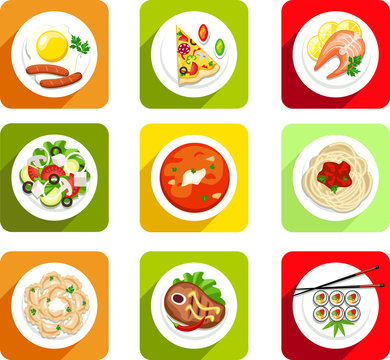 vector, food, icon flat, top view, scrambled eggs, sausages, pizza, fish, salmon, salad, soup, soup, pasta, dumplings, meat, steak, sushi, meal, breakfast, lunch, dinner