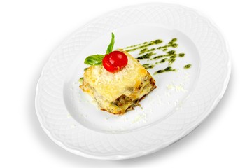Lasagna, parmesan, closeup.
