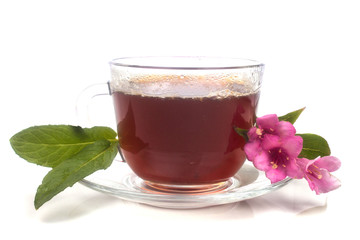 delicious fragrant hot tea from pink flowers with Melissa