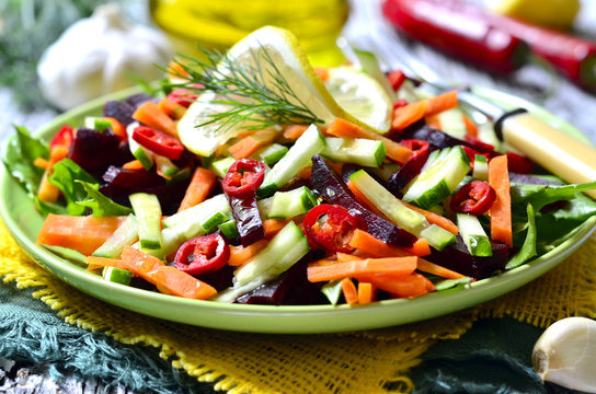 Vegetable salad with beetroot,cucumber and carrot.