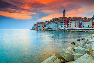 Stunning sunset with Rovinj old town,Istria region,Croatia,Europe - obrazy, fototapety, plakaty