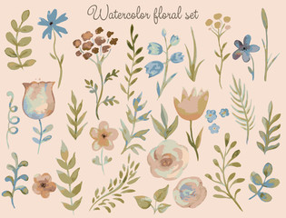 Vector floral set. Colorful floral collection with leaves and fl