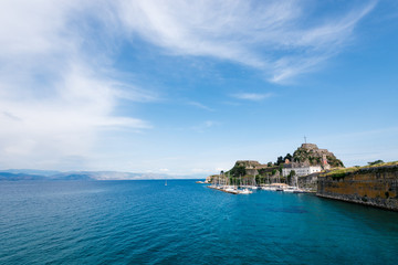 Panorama of marina view from The Old Harbor in Corfu island in Greece.