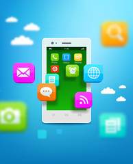 White smartphone with cloud of application icons