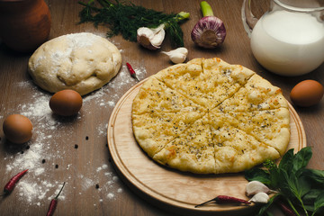 delicious pizza focacia in composition with fresh vegetables