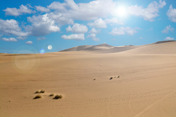 Desert and sunlight with lens flare in blue sky background