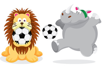 Lion and Rhinoceros play with Football
