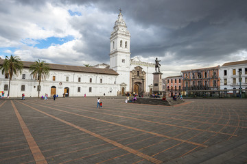 Historic Plaza de Santo Domingo with Dominican art museum in old town of Quito, Ecuador