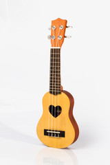 Close up of ukulele on white background