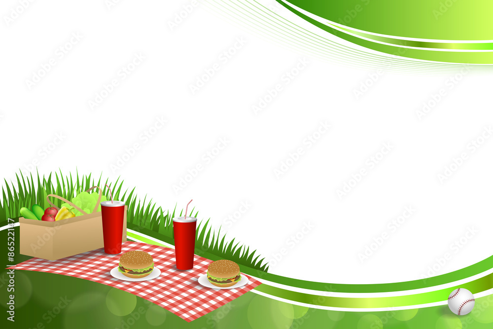 Wall mural Background abstract green grass picnic basket hamburger drink vegetables baseball ball frame illustration vector