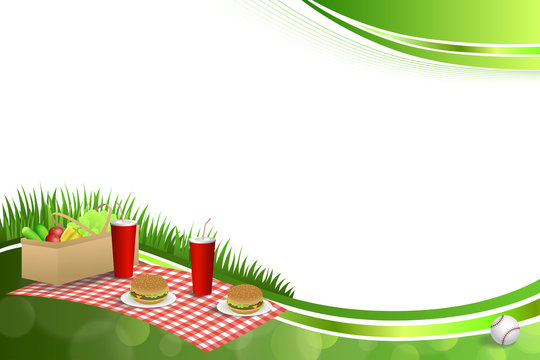 Background abstract green grass picnic basket hamburger drink vegetables baseball ball frame illustration vector