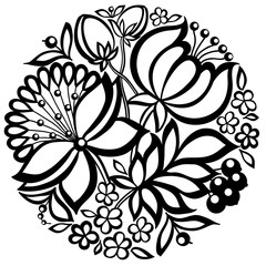 black-and-white floral arrangement in the shape of a circle