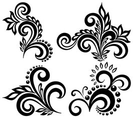 set of black and white floral elements