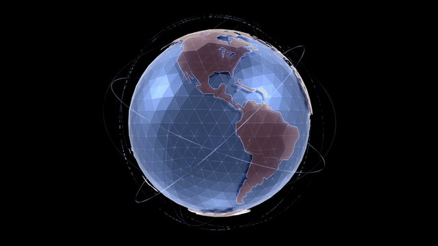 A CG model of a globe animated in the style of a hologram for infographics or presentation use. 3D-rendering motion graphics.