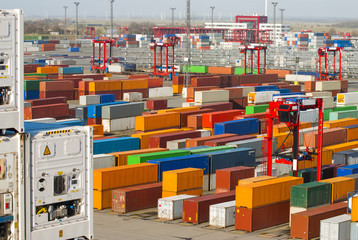 container operation in port with cranes and gantry loading / discharging containers