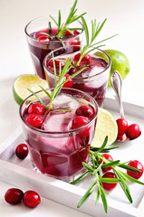 Red refreshing cranberry cocktail with rosemary, lime, and ice cubes, selective focus