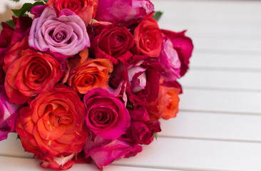 Beautiful bouquet of roses on white table