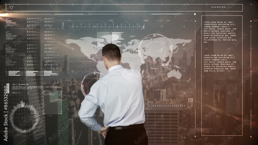 Poster a businessman using a digital interface  