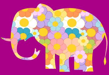 patterned elephant with colorful daisy flowers vector illustration
