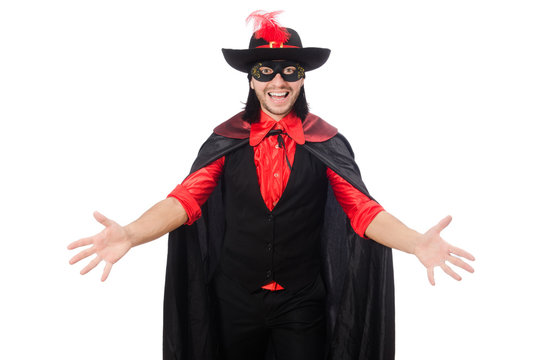 Young man in carnival coat isolated on white
