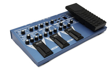 Blue, floor-based multi-effects processor for guitars isolated against a white background