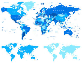 Blue World Map - borders, countries and cities - illustration with different specification.
1 - highly detailed: countries, cities, water objects
2 - country contours
3 - world contours
