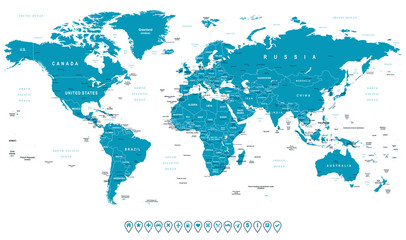 World Map and navigation icons - illustration.Highly detailed world map:
countries, cities, water objects.