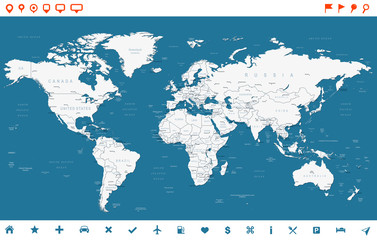 Steel Blue World Map and navigation icons - illustration.Highly detailed world map:
countries, cities, water objects.