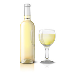 Blank realistic bottle for wine with glass isolated on white