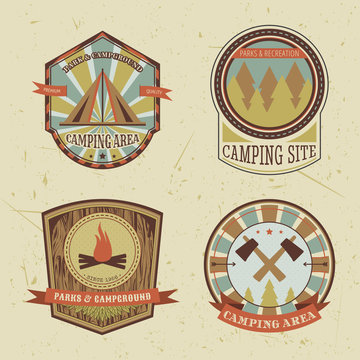 Set of vintage camping and outdoor adventure logo badges and labels. Retro vector illustration
