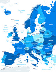 Naklejka premium Mapa Europy - bardzo szczegółowa ilustracja wektorowa. Obraz zawiera kolejne warstwy: kontury lądu, nazwy krajów i gruntów, nazwy miast, nazwy obiektów wodnych.