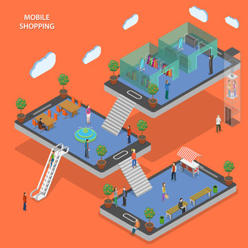 Mobile shopping flat isometric vector concept.